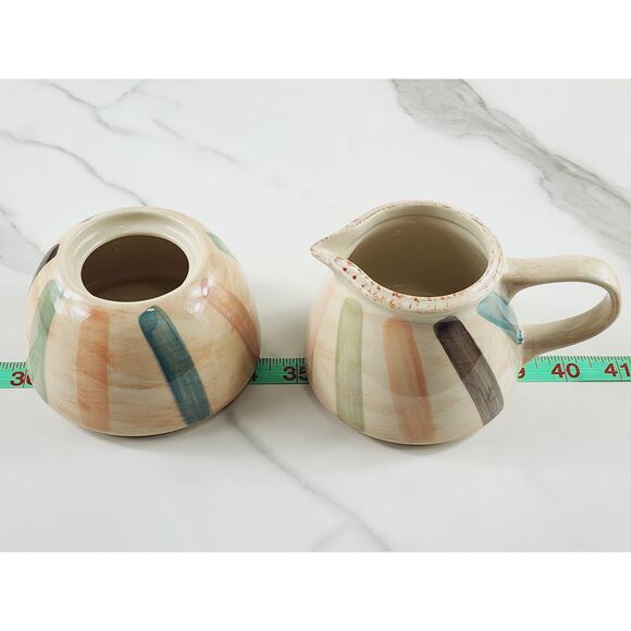 Oneida Teramo Stripes Creamer & Sugar Bowl w/ Lid Stoneware Glazed 1999 Vintage - Picture 14 of 14